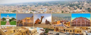 Rajasthan top tourist places collage featuring Jaipur Hawa Mahal, Udaipur City Palace, Jaisalmer desert camel safari, Jodhpur blue city, and historic forts