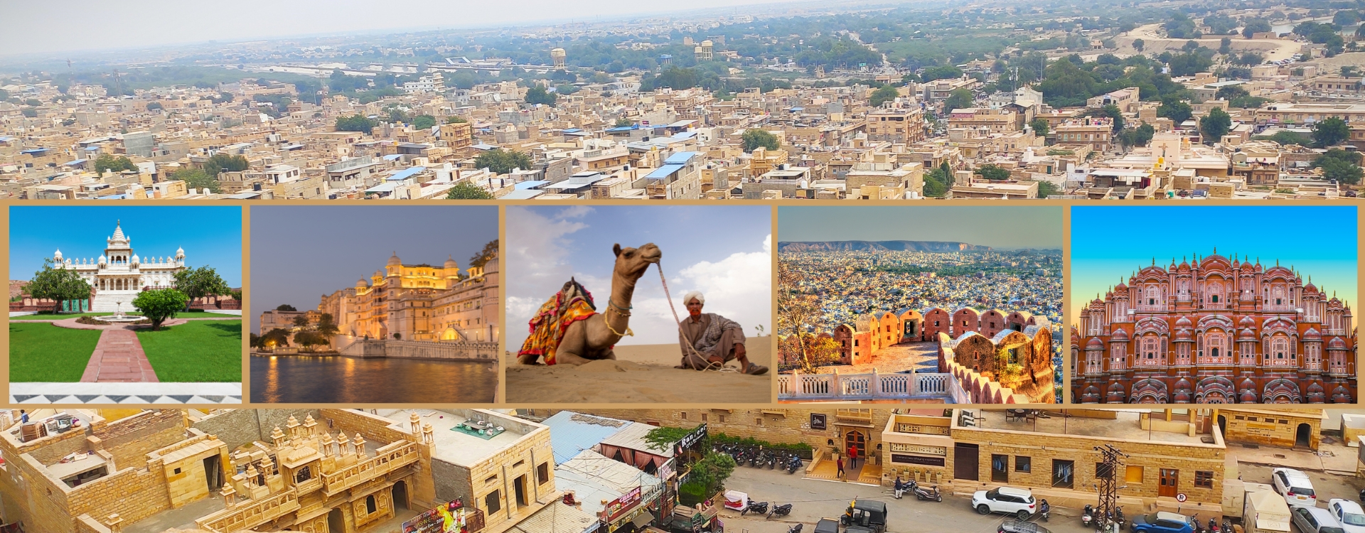 Rajasthan top tourist places collage featuring Jaipur Hawa Mahal, Udaipur City Palace, Jaisalmer desert camel safari, Jodhpur blue city, and historic forts