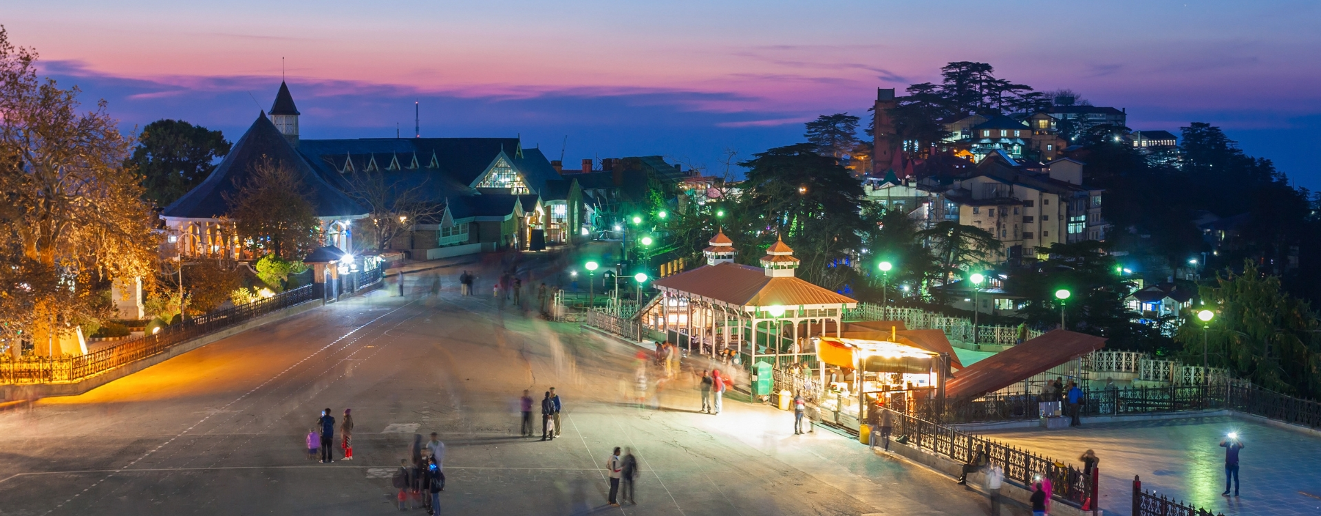 Shimla Mall Road and The Ridge illuminated at dusk with colonial architecture and visitors strolling — Shimla itinerary for 3 days